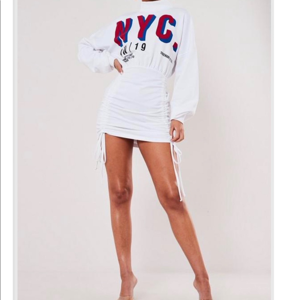white nyc slogan high neck ruched sweater dress